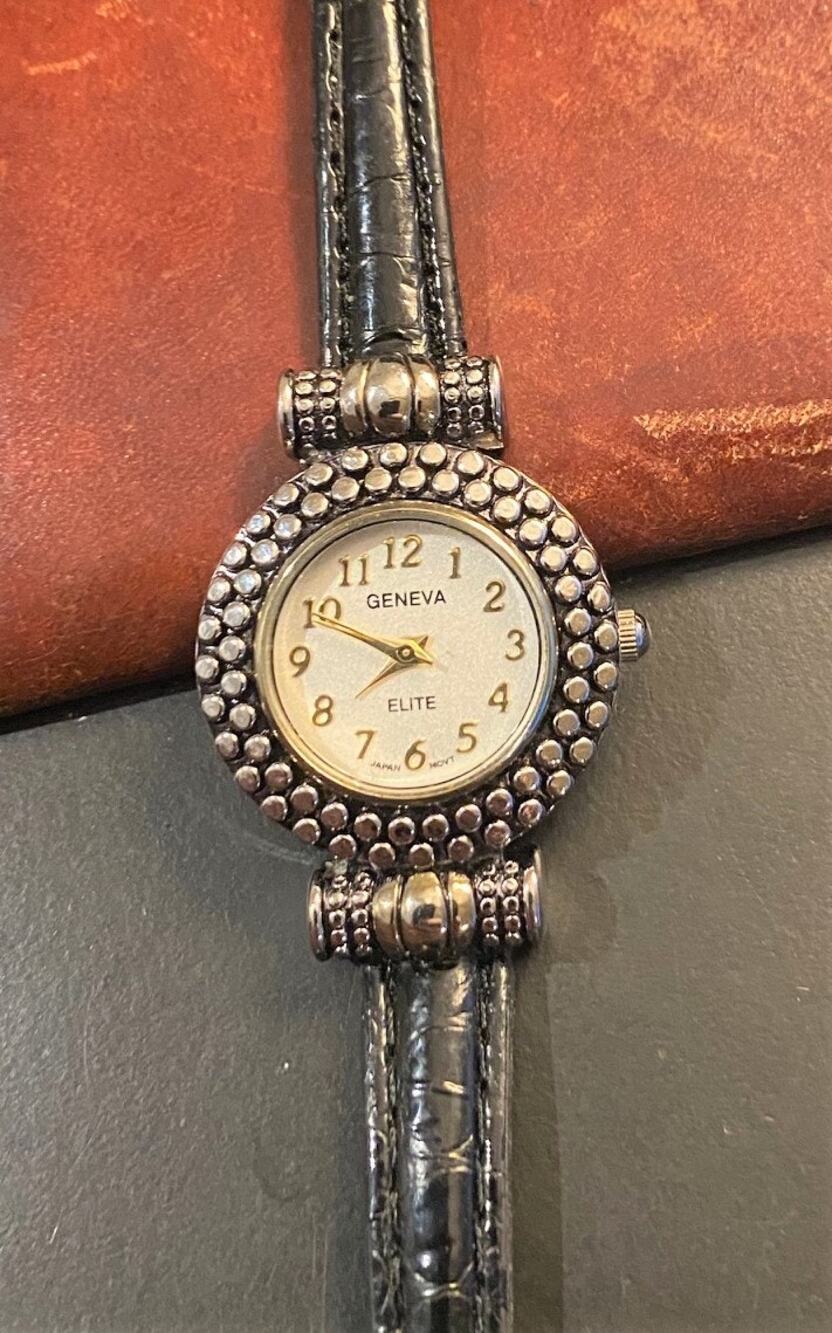 Women's 30mm Silver tone Geneva Elite Watch, Black Band
